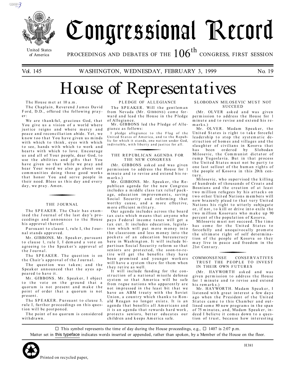 Congressional Record United States Th of America PROCEEDINGS and DEBATES of the 106 CONGRESS, FIRST SESSION