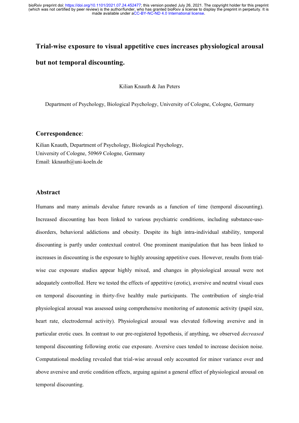 Trial-Wise Exposure to Visual Appetitive Cues Increases Physiological Arousal