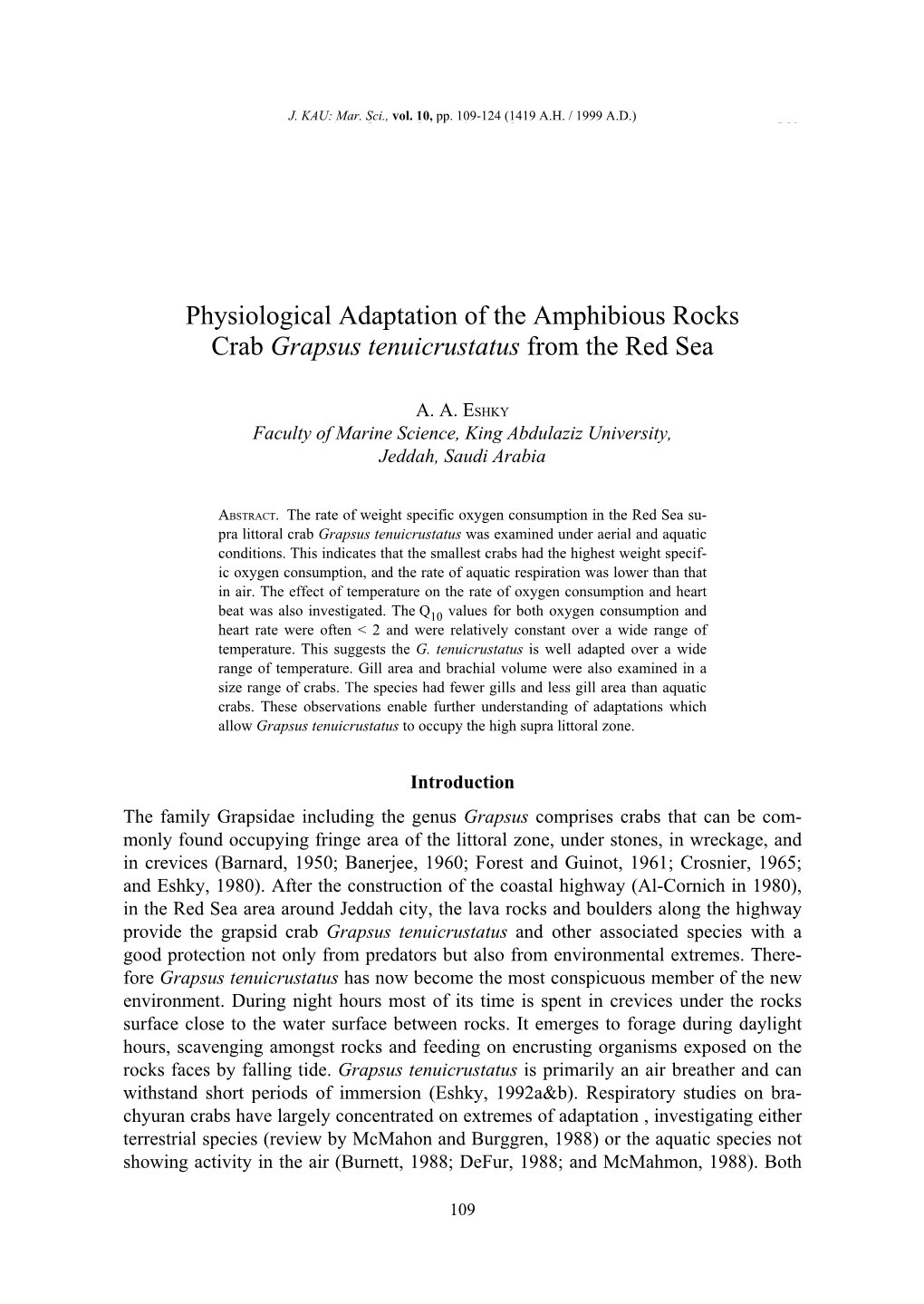 Physiological Adaptation of the Amphibious Rocks Crab Grapsus Tenuicrustatus from the Red Sea