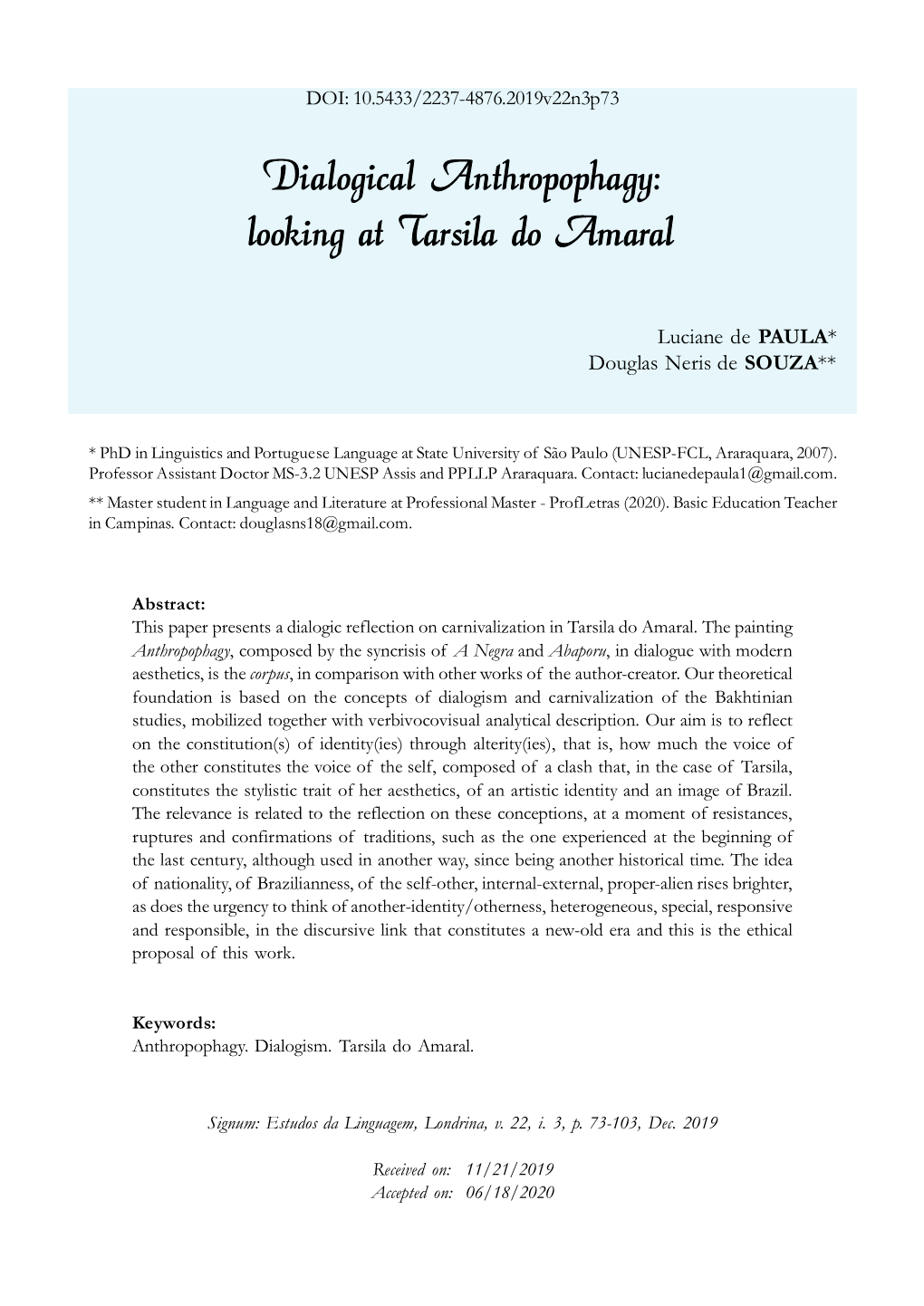 Dialogical Anthropophagy: Looking at Tarsila Do Amaral