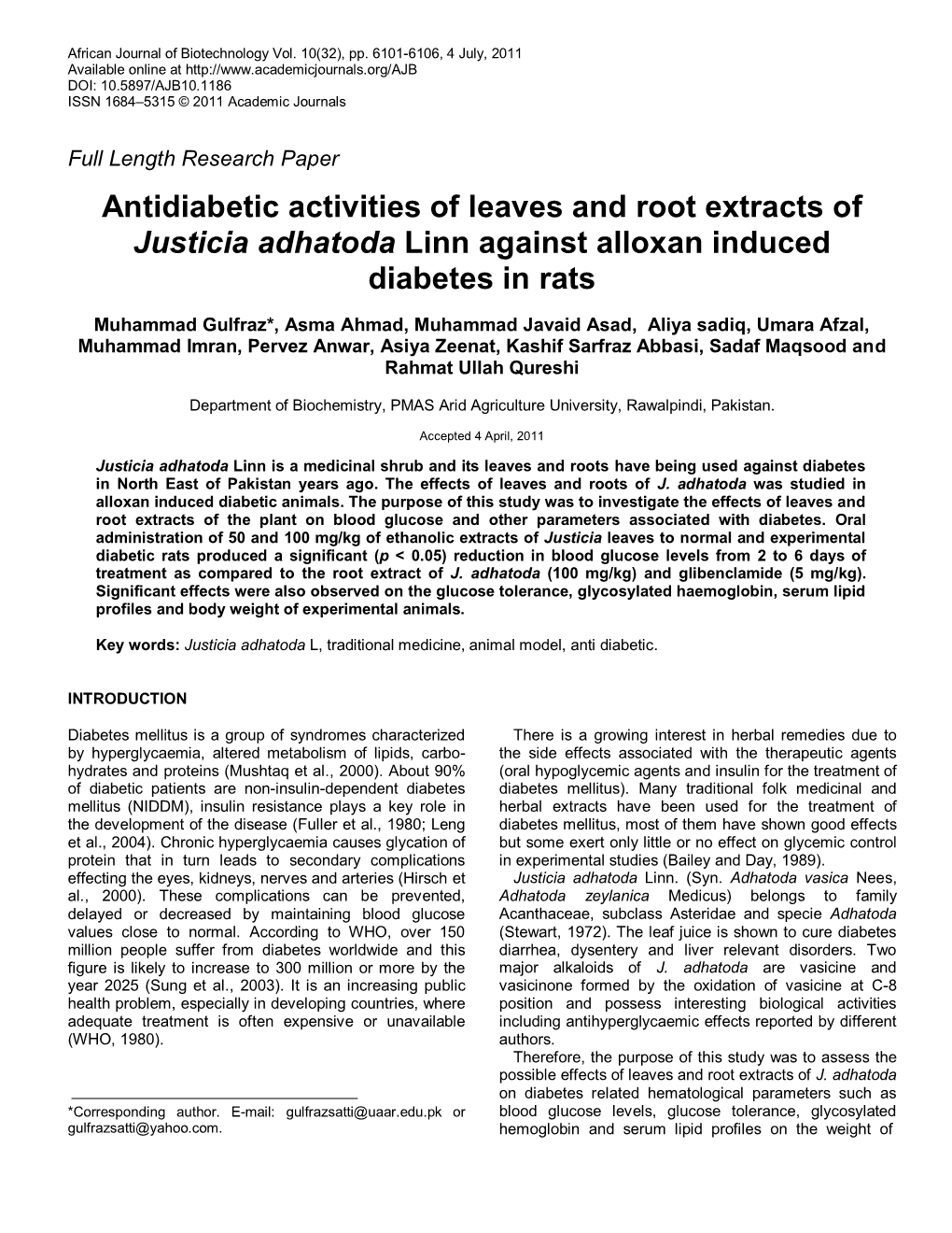 Antidiabetic Activities of Leaves and Root Extracts of Justicia Adhatoda Linn Against Alloxan Induced Diabetes in Rats