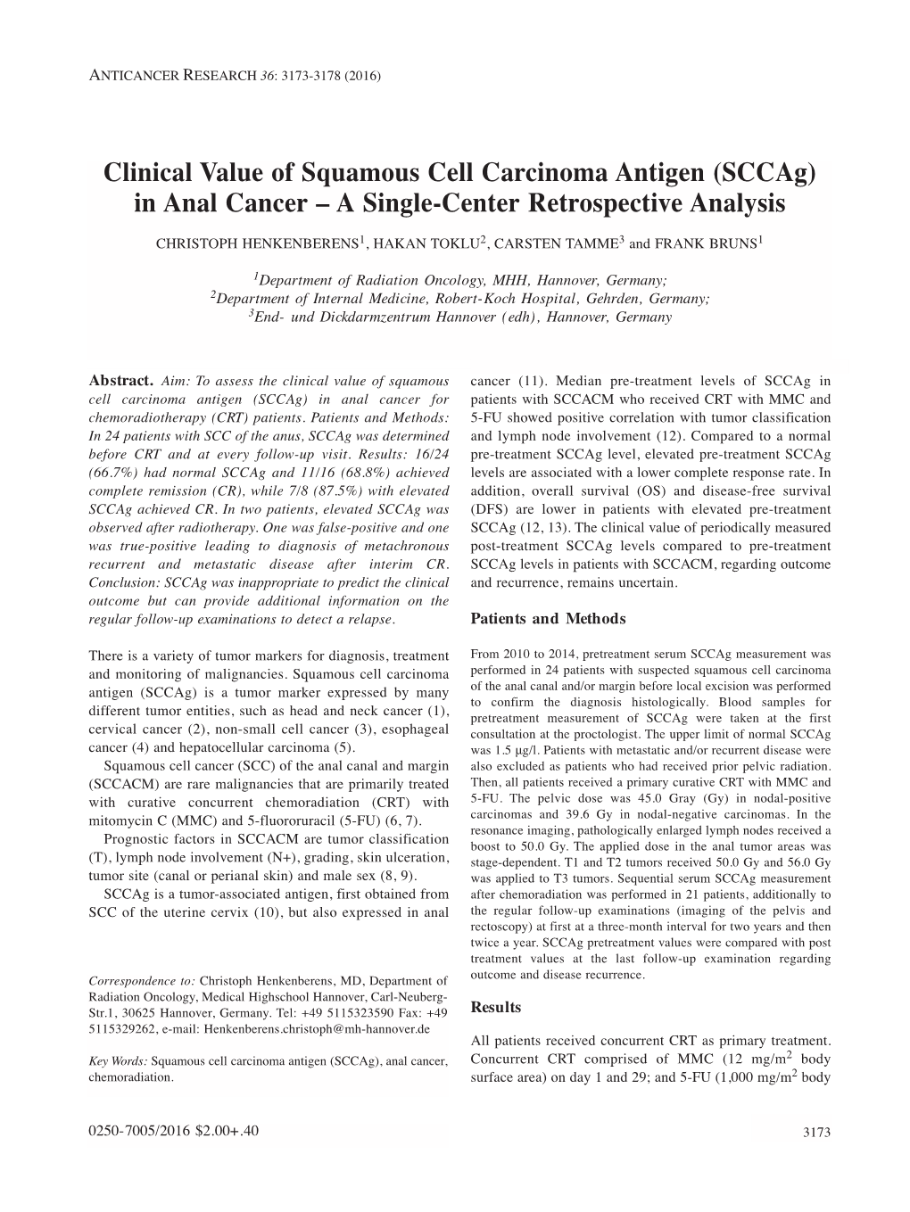 Clinical Value of Squamous Cell Carcinoma Antigen (Sccag) in Anal Cancer – a Single-Center Retrospective Analysis