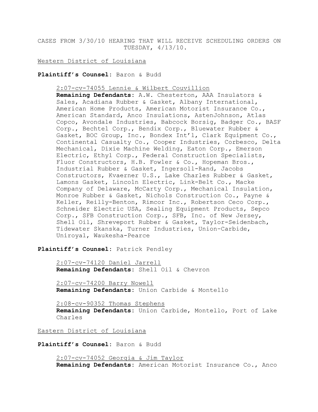 CASES from 3/30/10 HEARING THAT WILL RECEIVE SCHEDULING ORDERS on TUESDAY, 4/13/10. Western District of Louisiana Plaintiff's