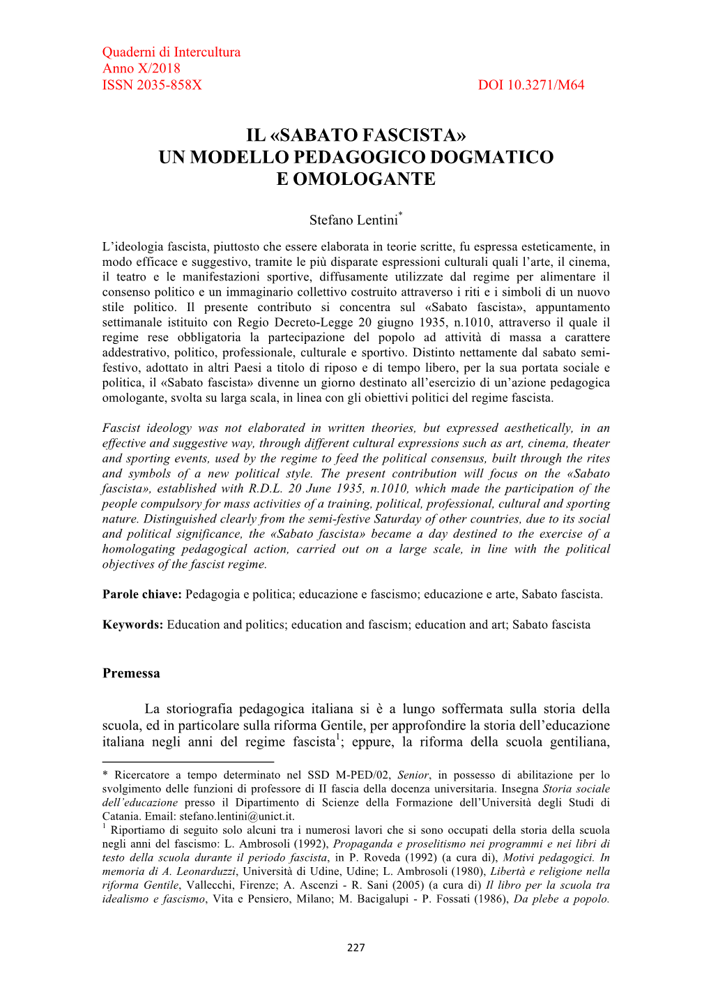 Il «Sabato Fascista» Un Modello Pedagogico Dogmatico E Omologante