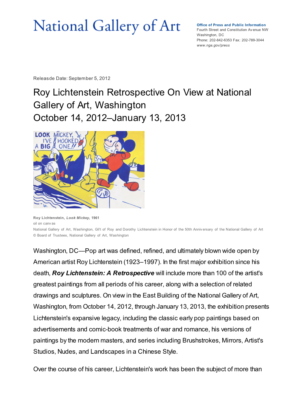 Roy Lichtenstein Retrospective on View at National Gallery of Art, Washington October 14, 2012–January 13, 2013