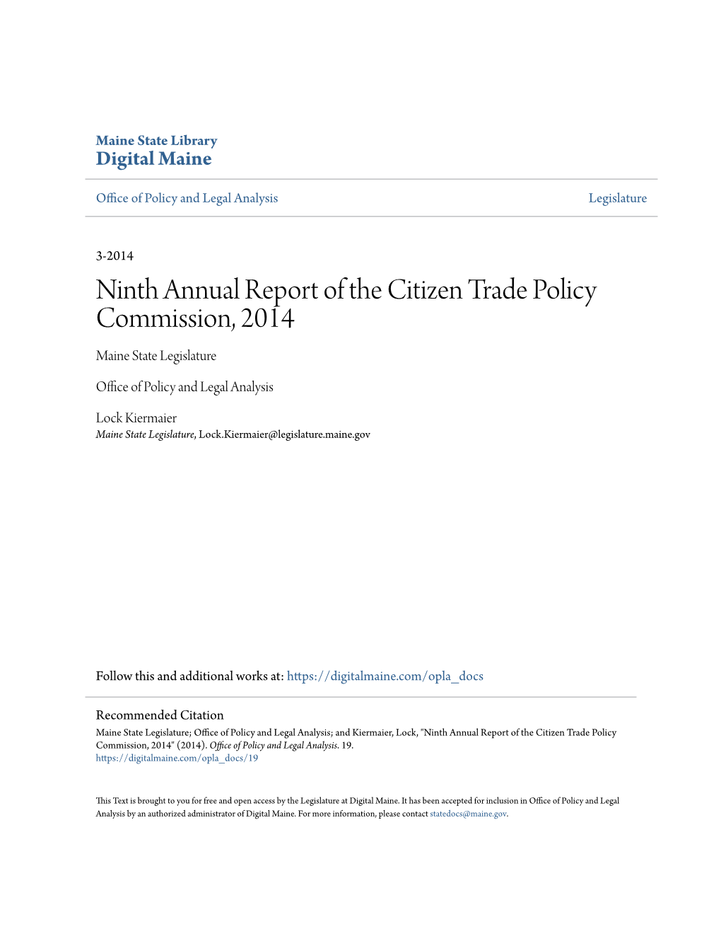 Ninth Annual Report of the Citizen Trade Policy Commission, 2014 Maine State Legislature