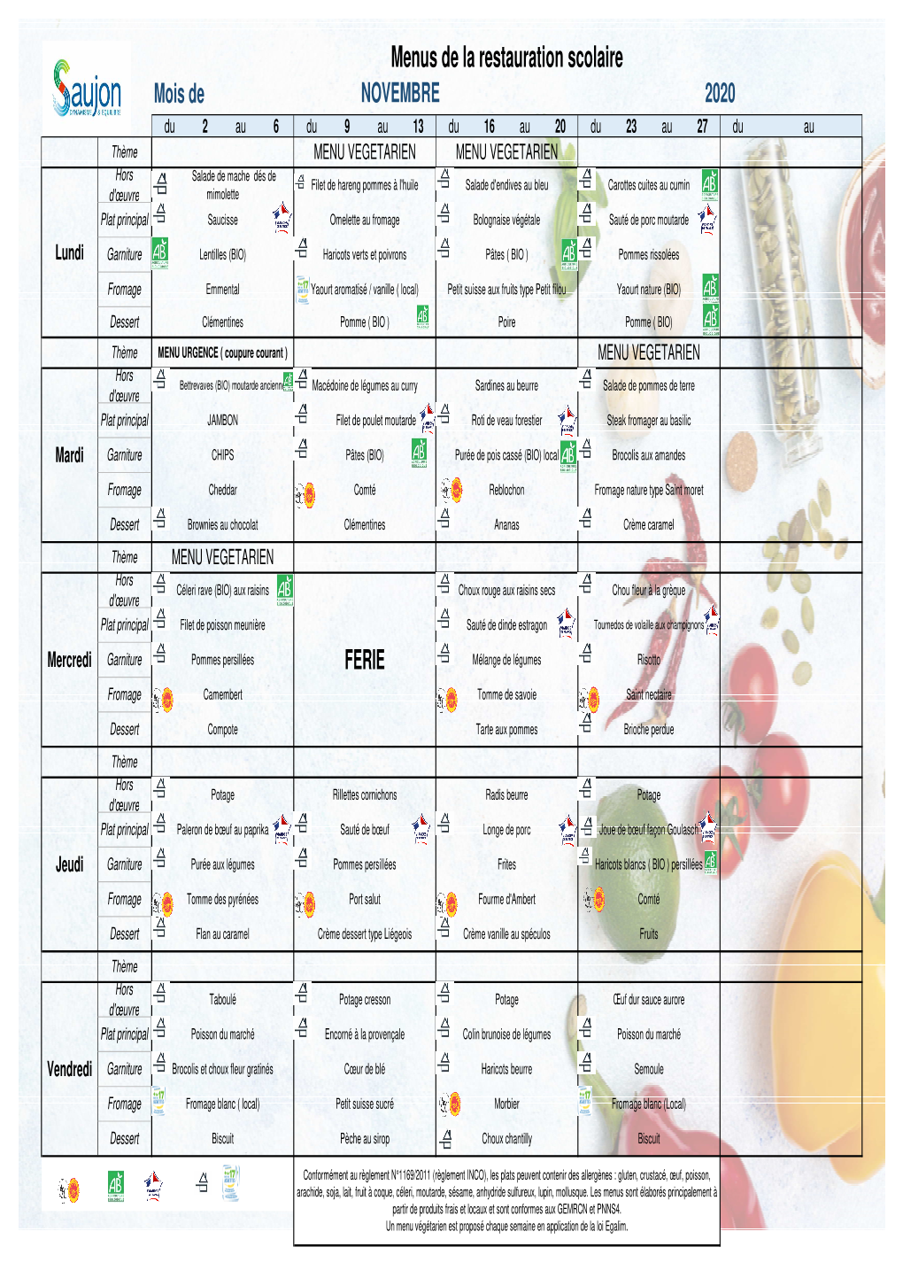 Menus Cantine Scolaire 11 NOVEMBRE 2020