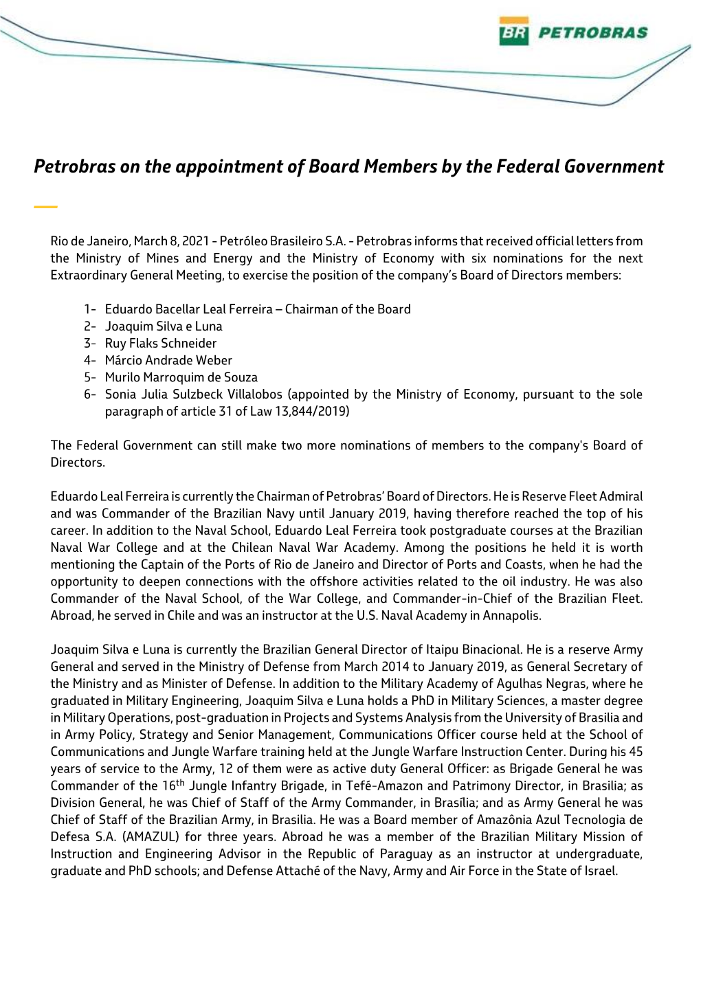 Petrobras on the Appointment of Board Members by the Federal Government —