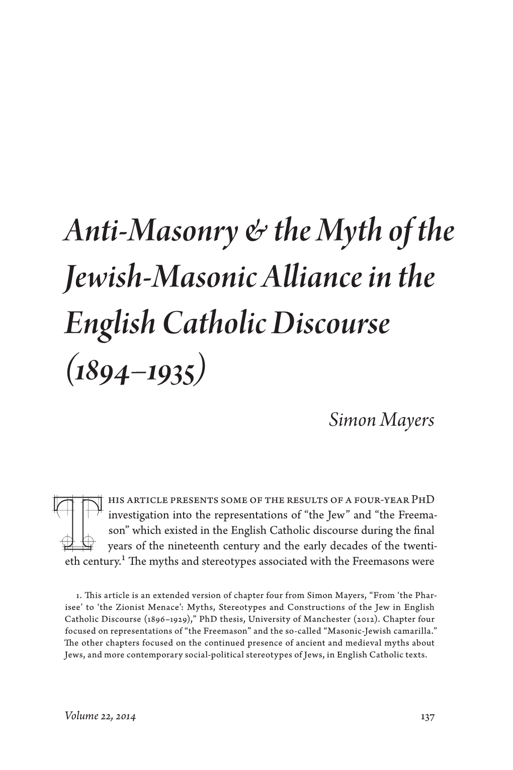 Anti-Masonry & the Myth of the Jewish-Masonic Alliance in The