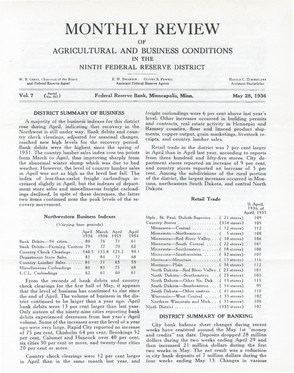 Monthly Review of Agricultural and Business Conditions in the Ninth Federal Reserve District