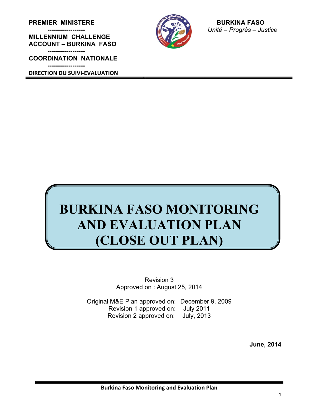 Burkina Faso Monitoring and Evaluation Plan (Close out Plan)