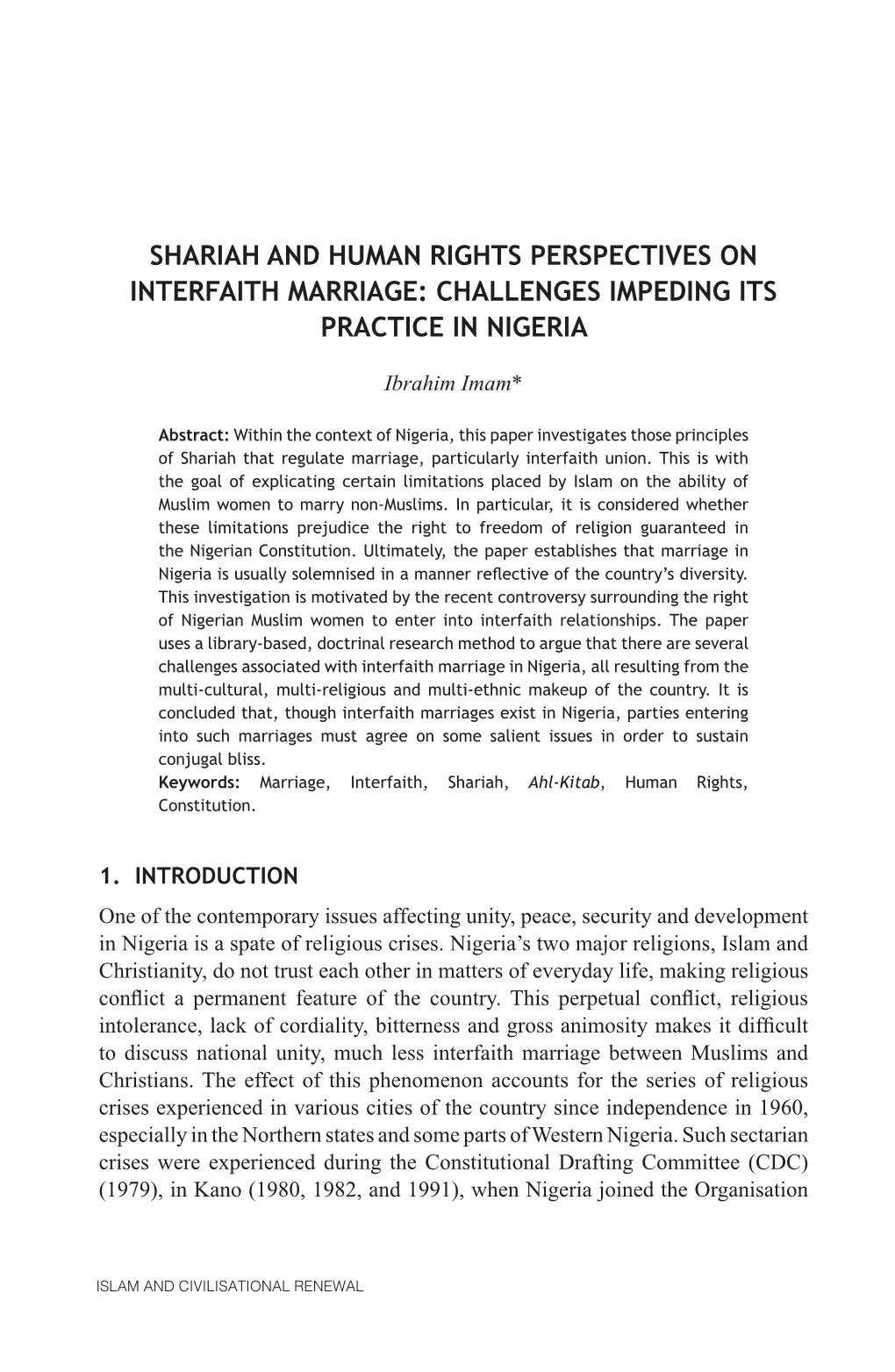 Shariah and Human Rights Perspectives on Interfaith Marriage: Challenges Impeding Its Practice in Nigeria