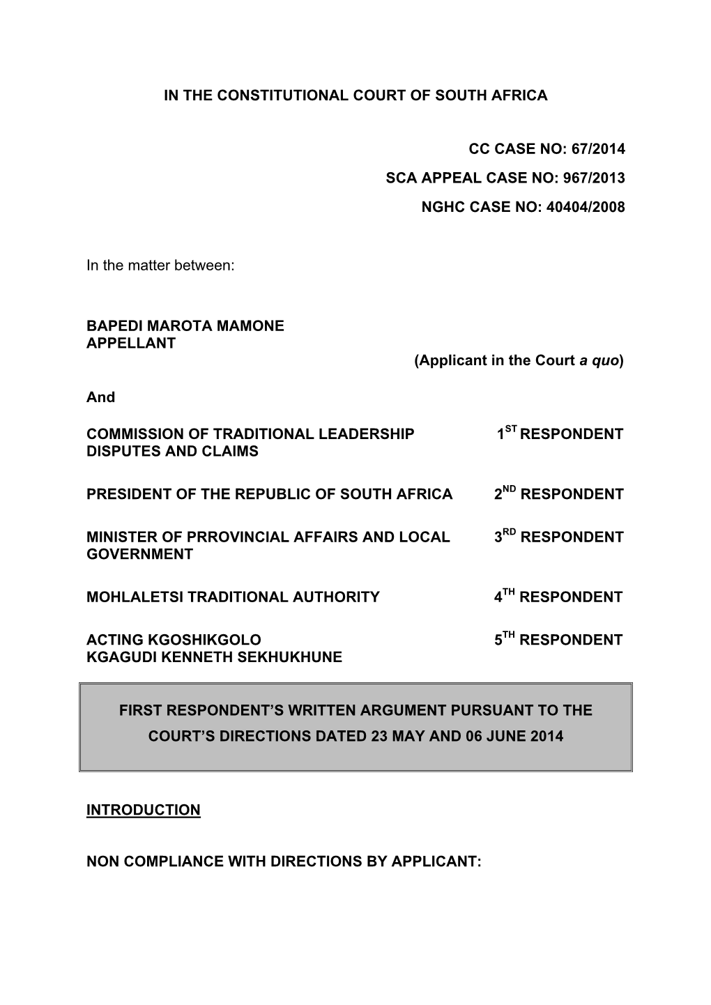 67/2014 Sca Appeal Case No: 967/2013 Nghc Case No: 40404/2008