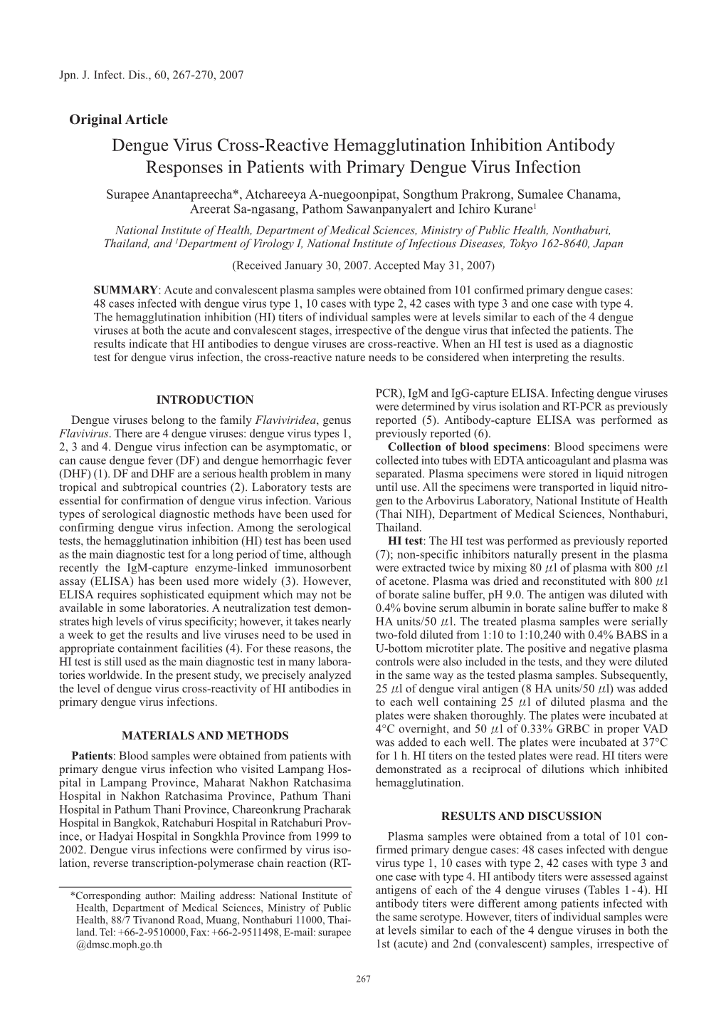 Dengue Virus Cross-Reactive Hemagglutination Inhibition