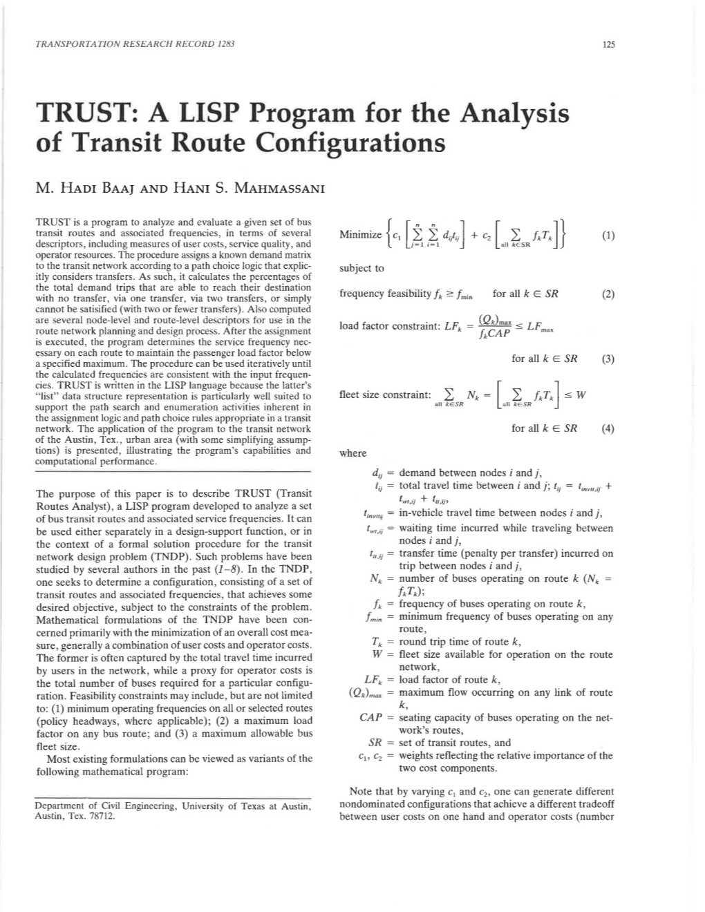 A LISP Program for the Analysis of Transit Route Configurations