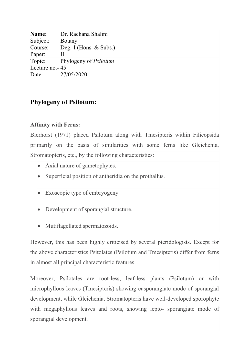 Phylogeny of Psilotum