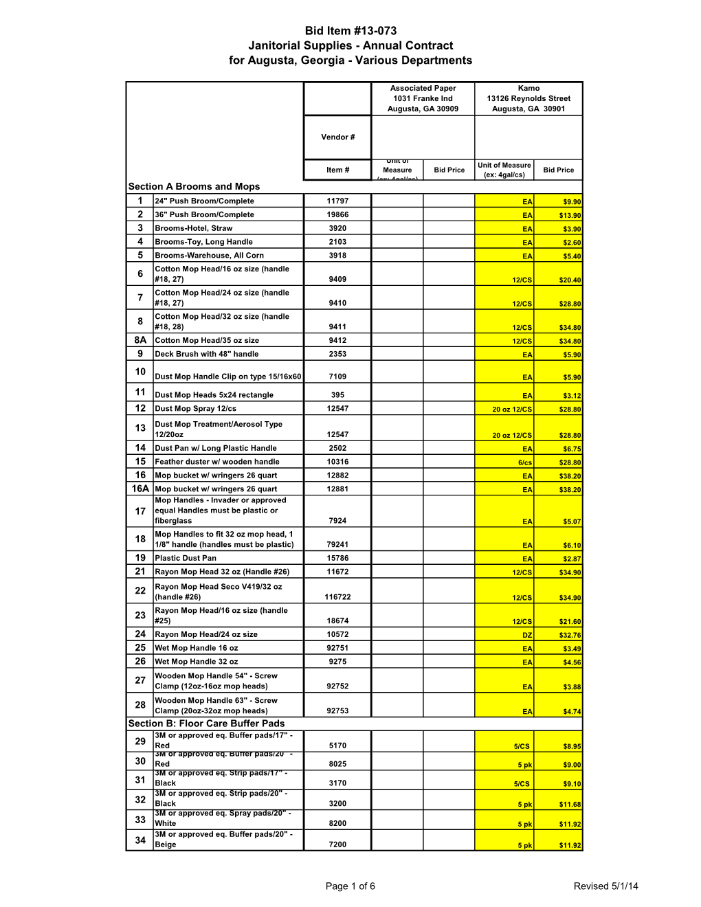 Bid Item #13-073 Janitorial Supplies - Annual Contract for Augusta, Georgia - Various Departments