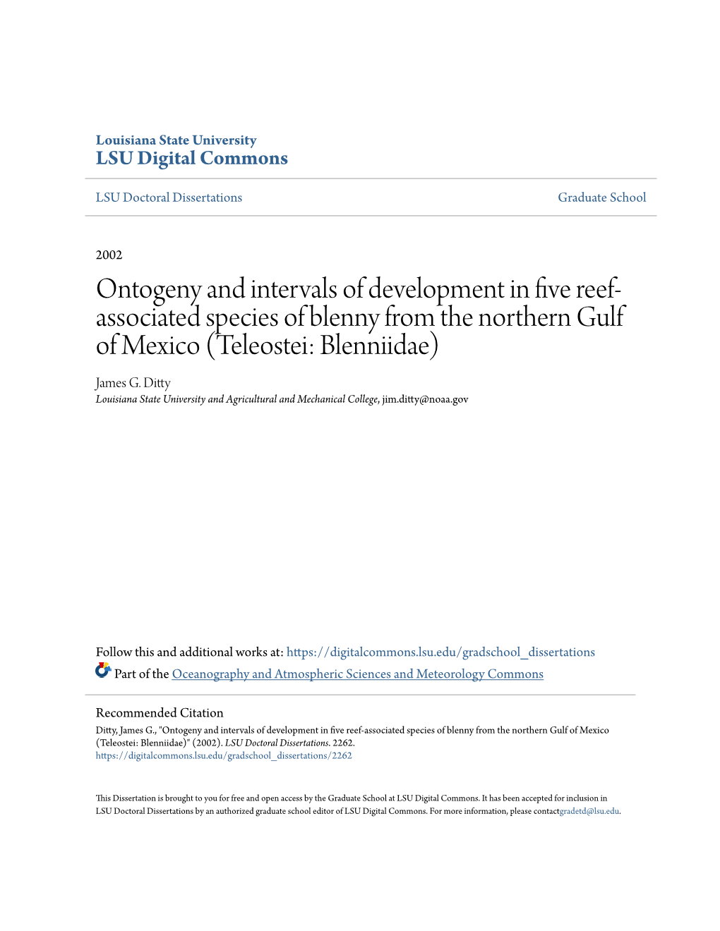 Ontogeny and Intervals of Development in Five Reef-Associated Species of Blenny from the Northern Gulf of Mexico (Teleostei: Blenniidae)