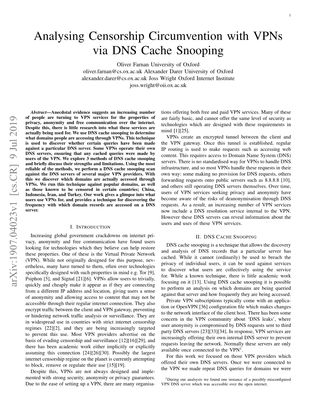 Analysing Censorship Circumvention with Vpns Via DNS Cache Snooping