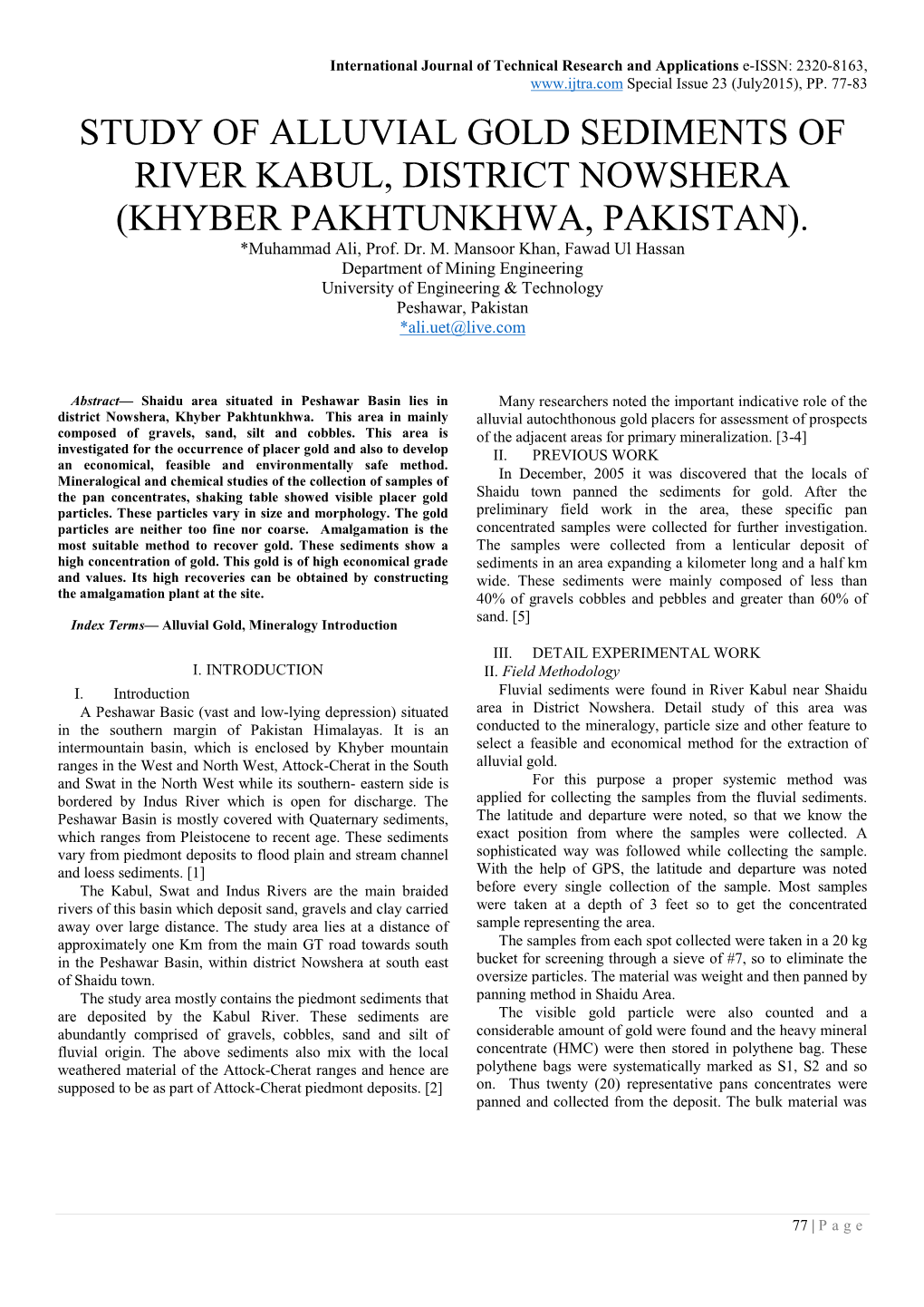 Study of Alluvial Gold Sediments of River Kabul, District Nowshera (Khyber Pakhtunkhwa, Pakistan)