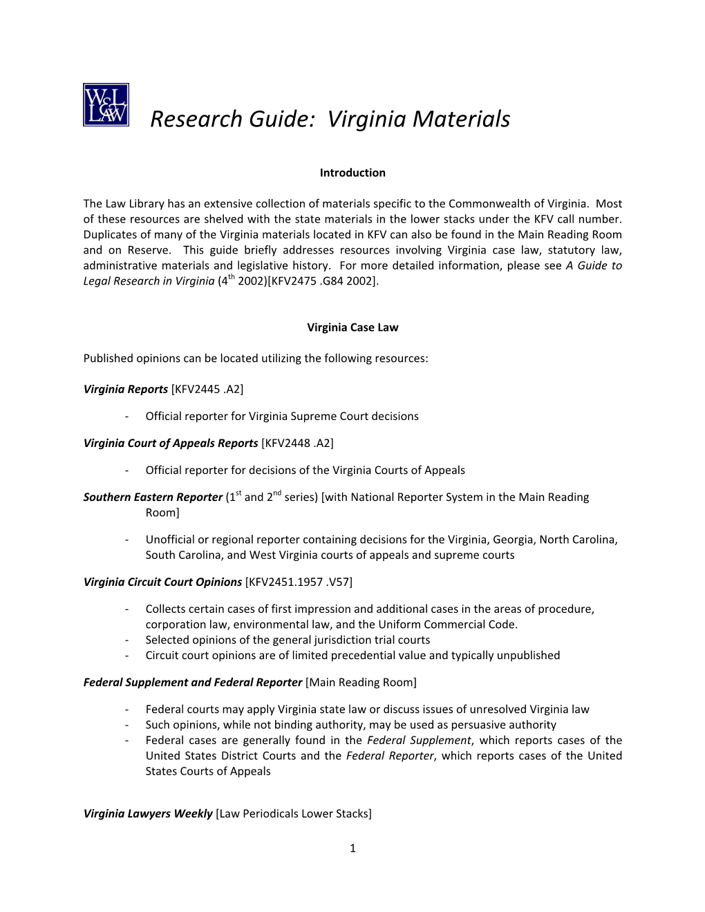 Research Guide: Virginia Materials