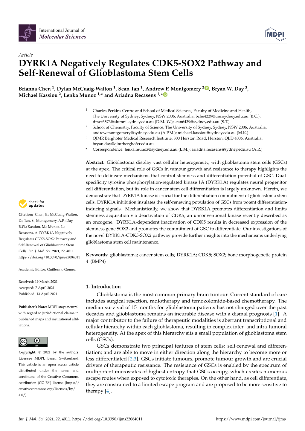 DYRK1A Negatively Regulates CDK5-SOX2 Pathway and Self-Renewal of Glioblastoma Stem Cells