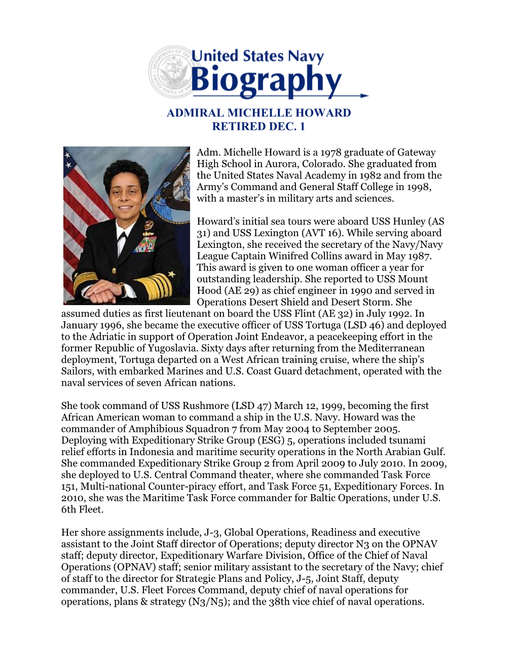 Admiral Michelle Howard Retired Dec. 1