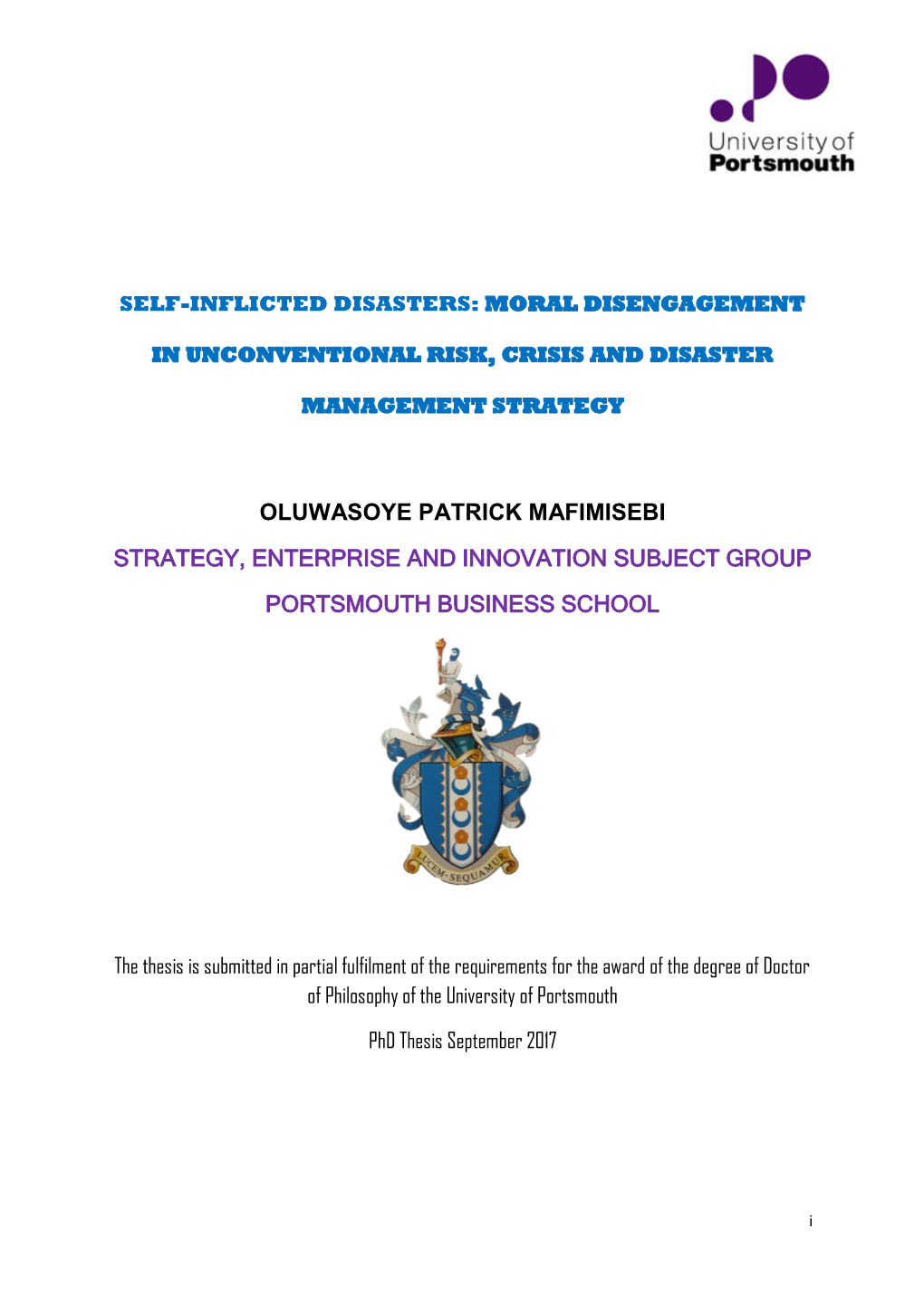 Oluwasoye Patrick Mafimisebi Strategy, Enterprise and Innovation Subject Group Portsmouth Business School