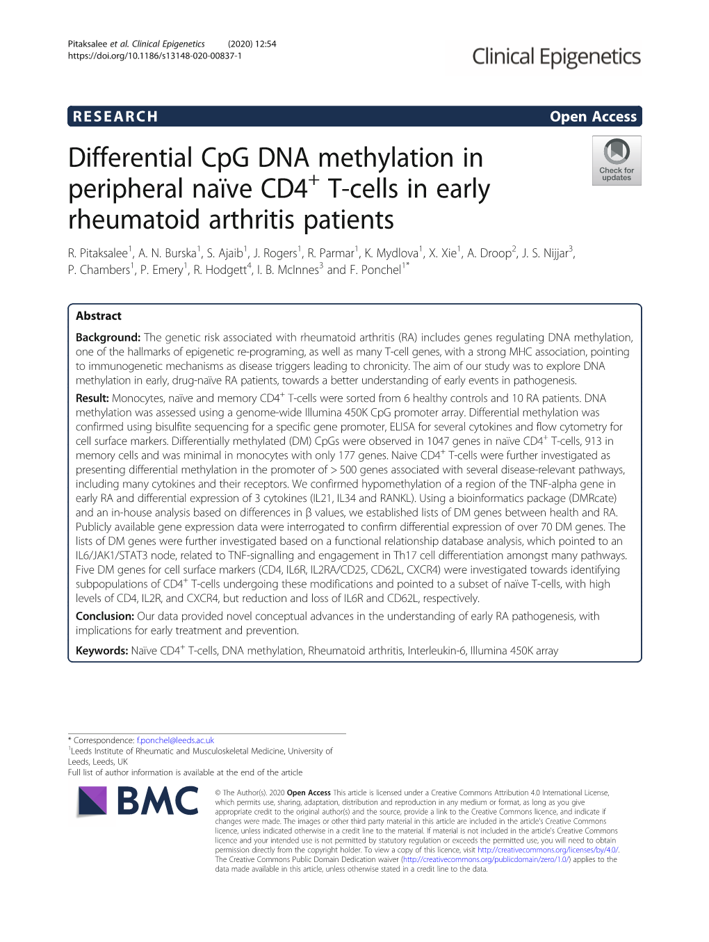 Differential Cpg DNA Methylation in Peripheral Naïve CD4+ T-Cells in Early Rheumatoid Arthritis Patients R