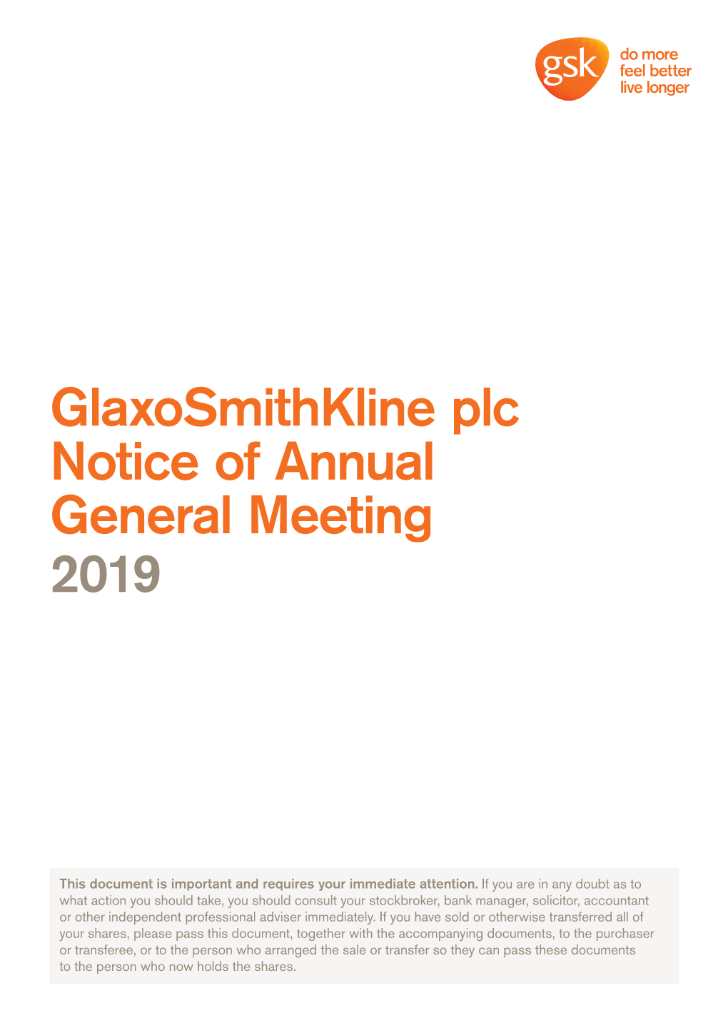 Glaxosmithkline Plc Notice of Annual General Meeting 2019