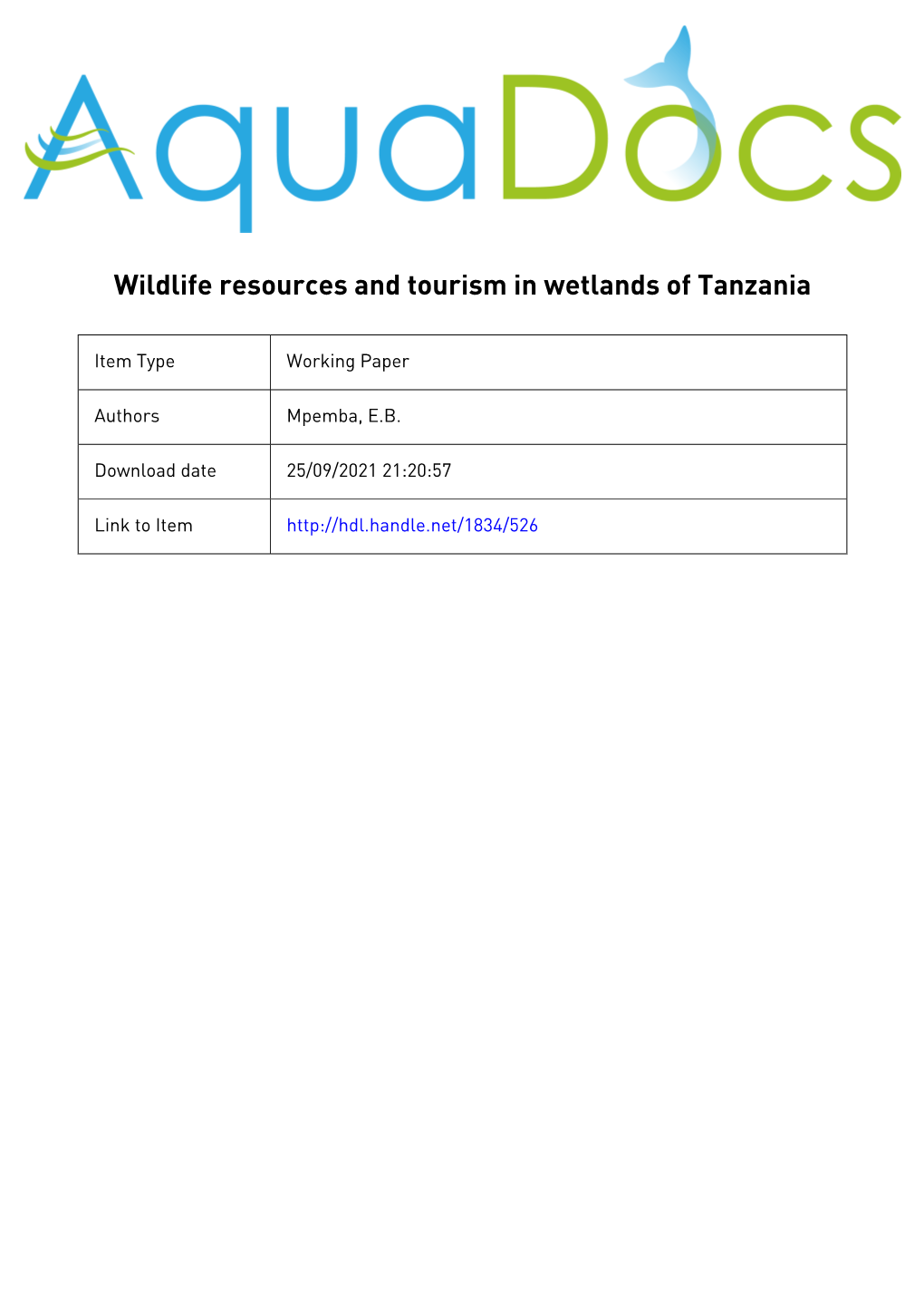 Wildlife Resources and Tourism in Wetlands of Tanzania