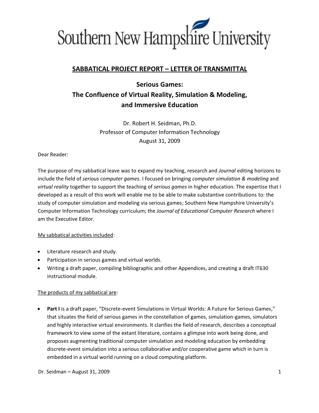 Sabbatical Project Report Letter of Transmittal