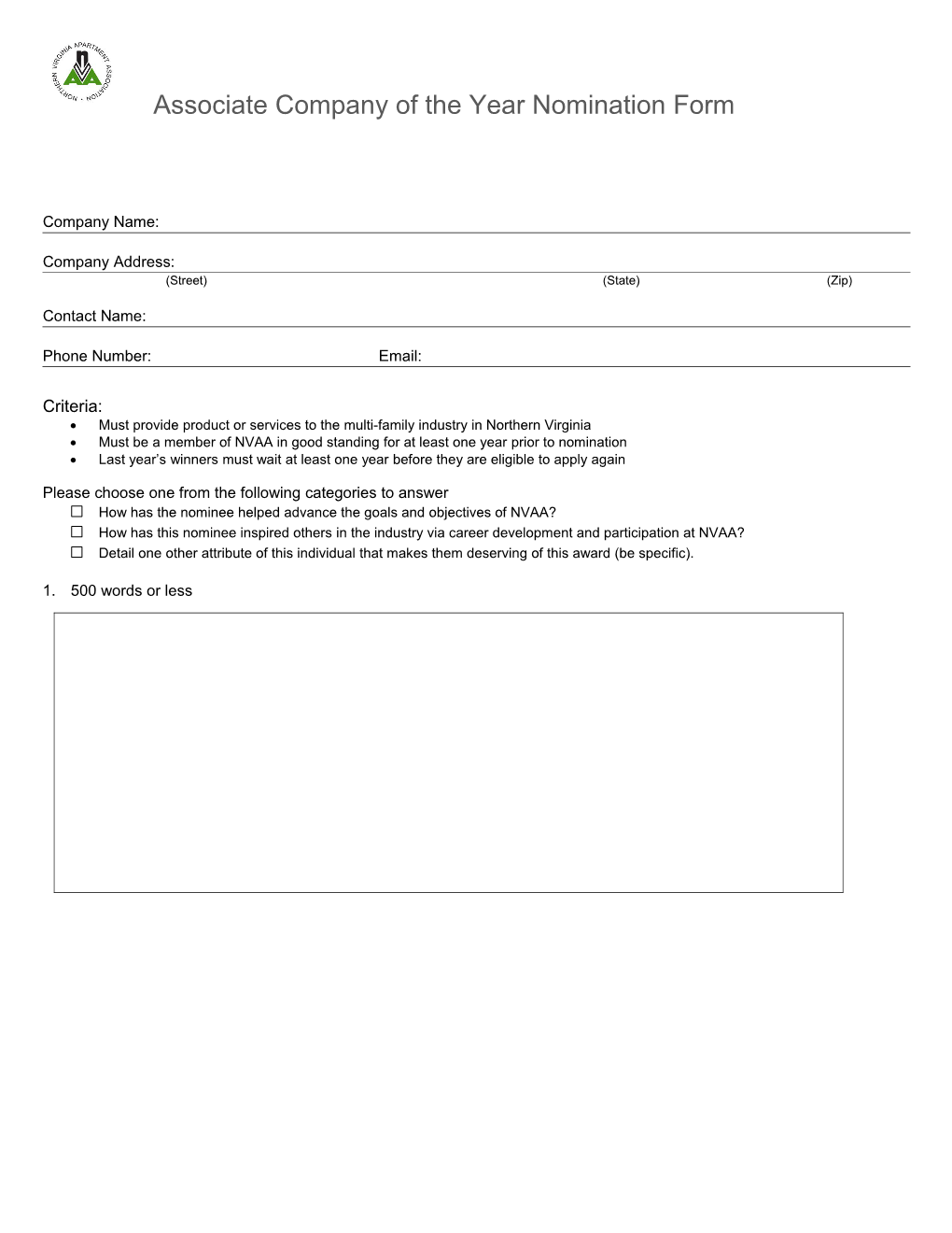 Associate Company of the Year Nomination Form