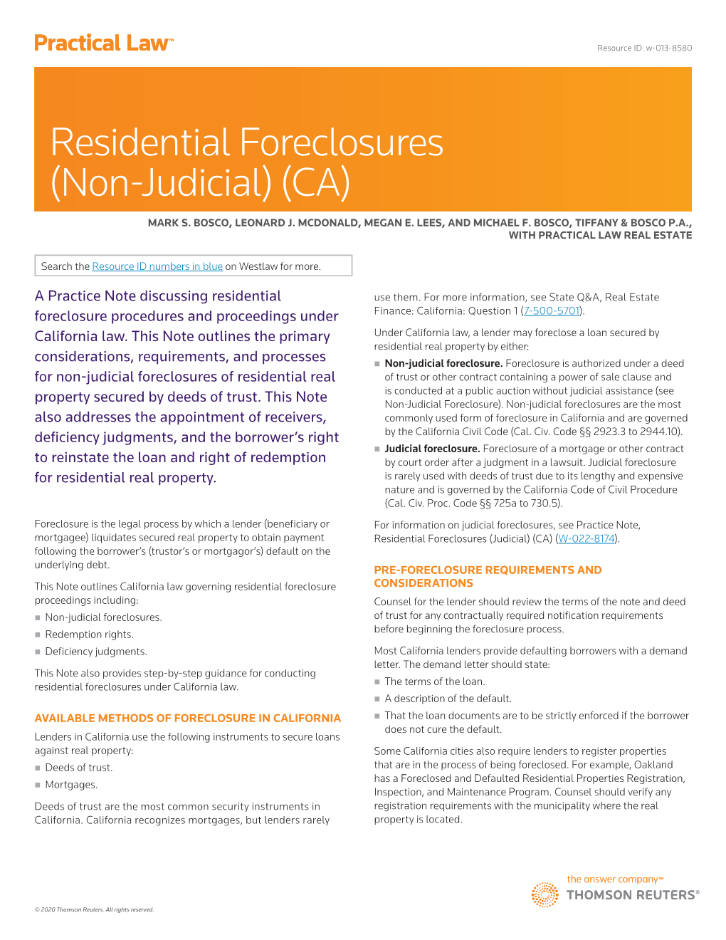 Residential Foreclosures (Non-Judicial) (CA)