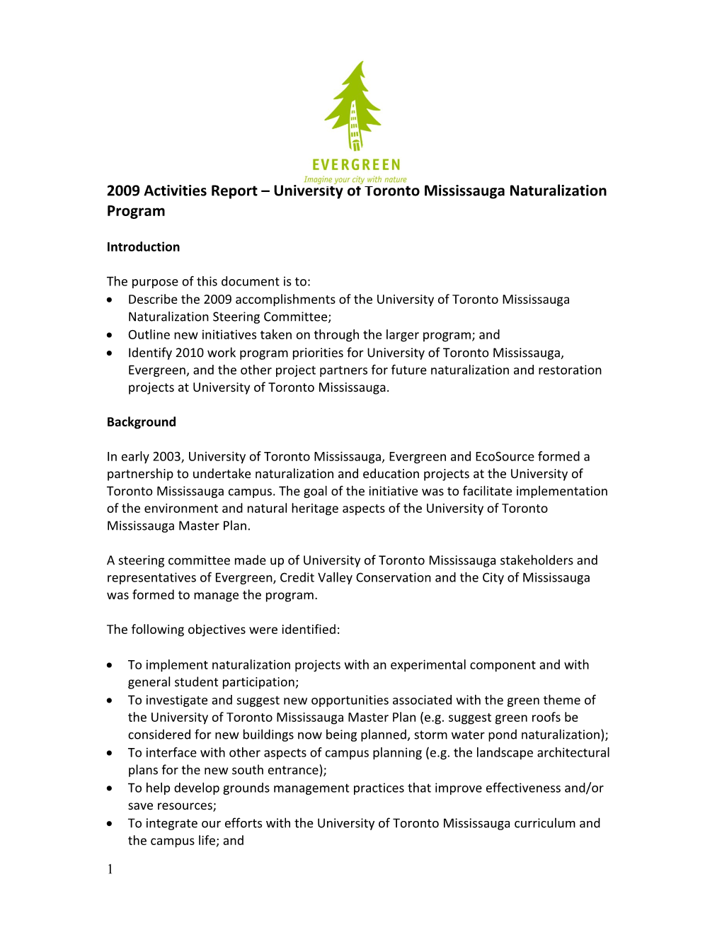 2009 Activities Report University of Toronto Mississauga Naturalization Program