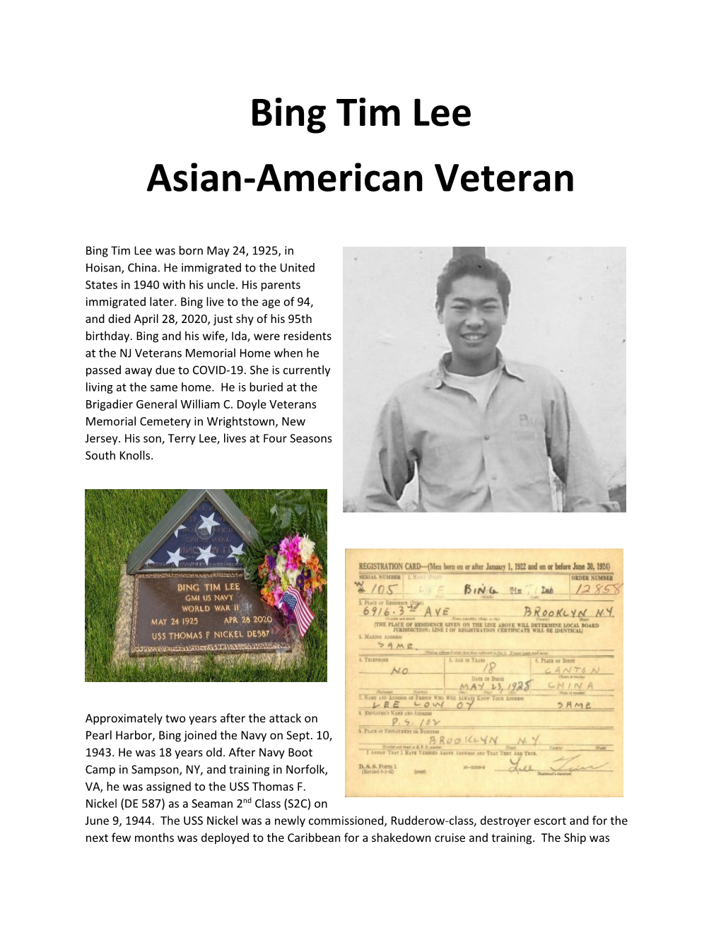 Bing Tim Lee Asian-American Veteran