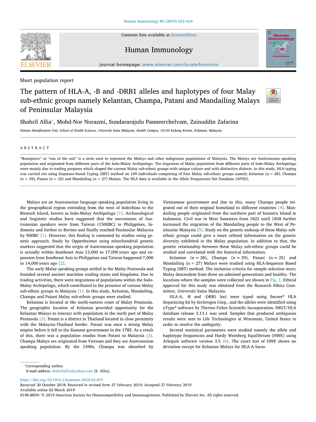 DRB1 Alleles and Haplotypes of Four Malay Sub-Ethnic Groups Namely