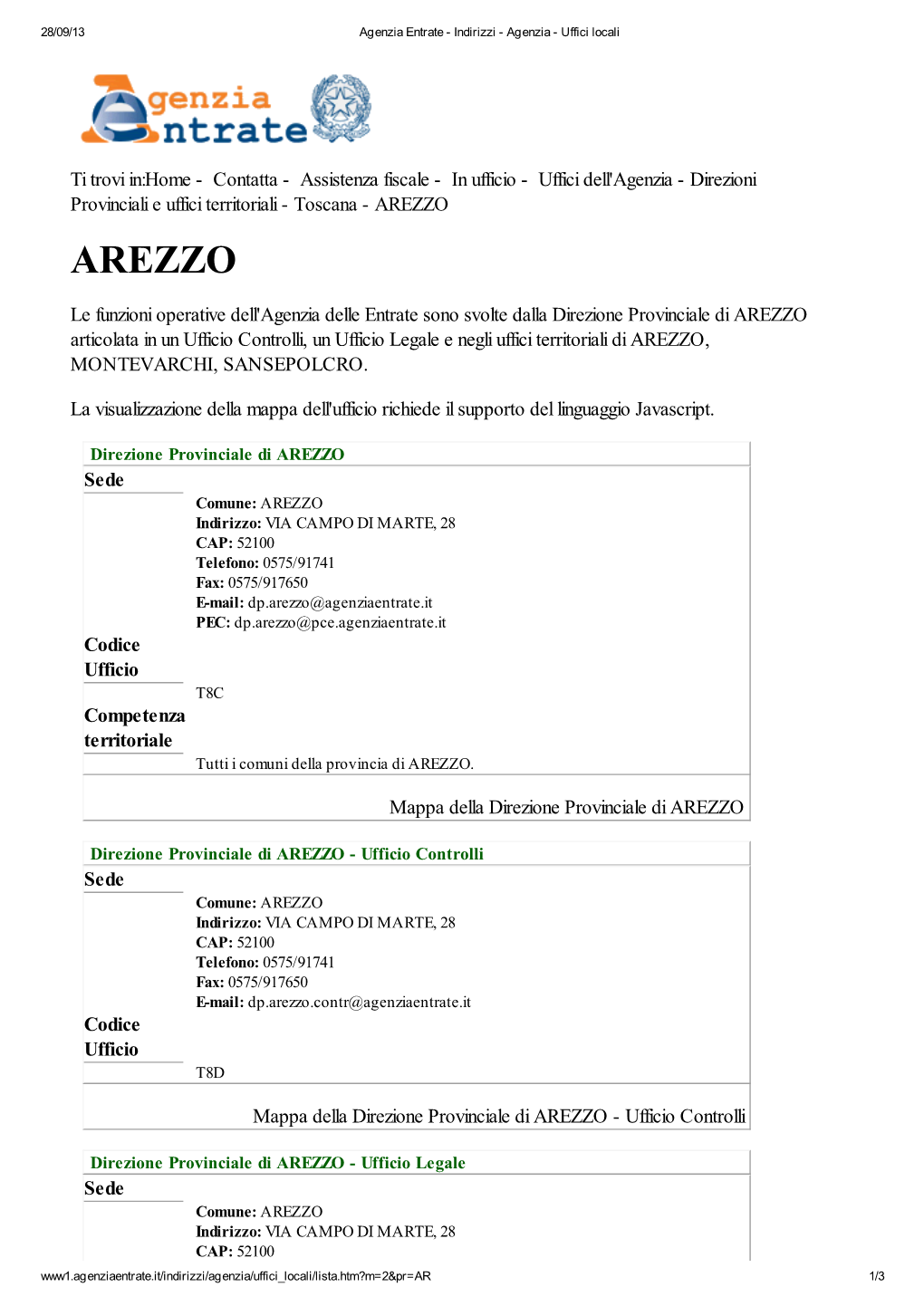 Codici Uffici Agenzia Delle Entrate Della Provincia Di Arezzo