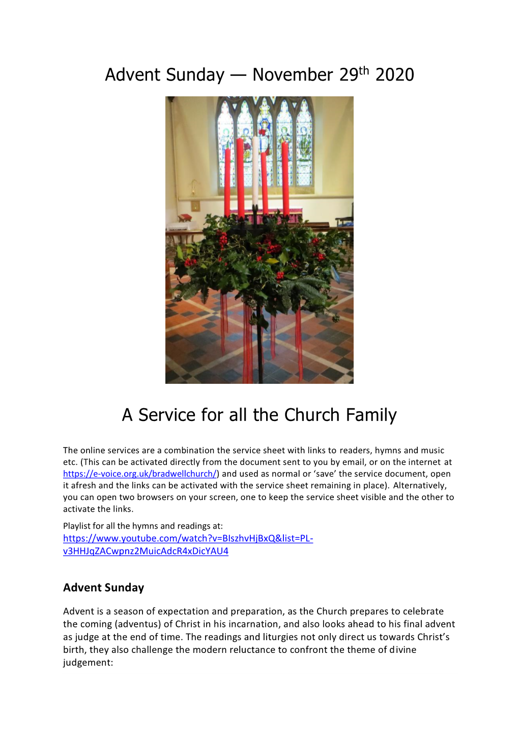 Advent Sunday — November 29Th 2020 a Service for All the Church