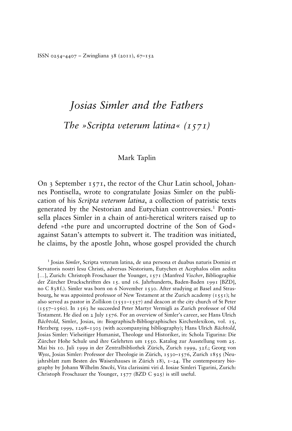 Josias Simler and the Fathers