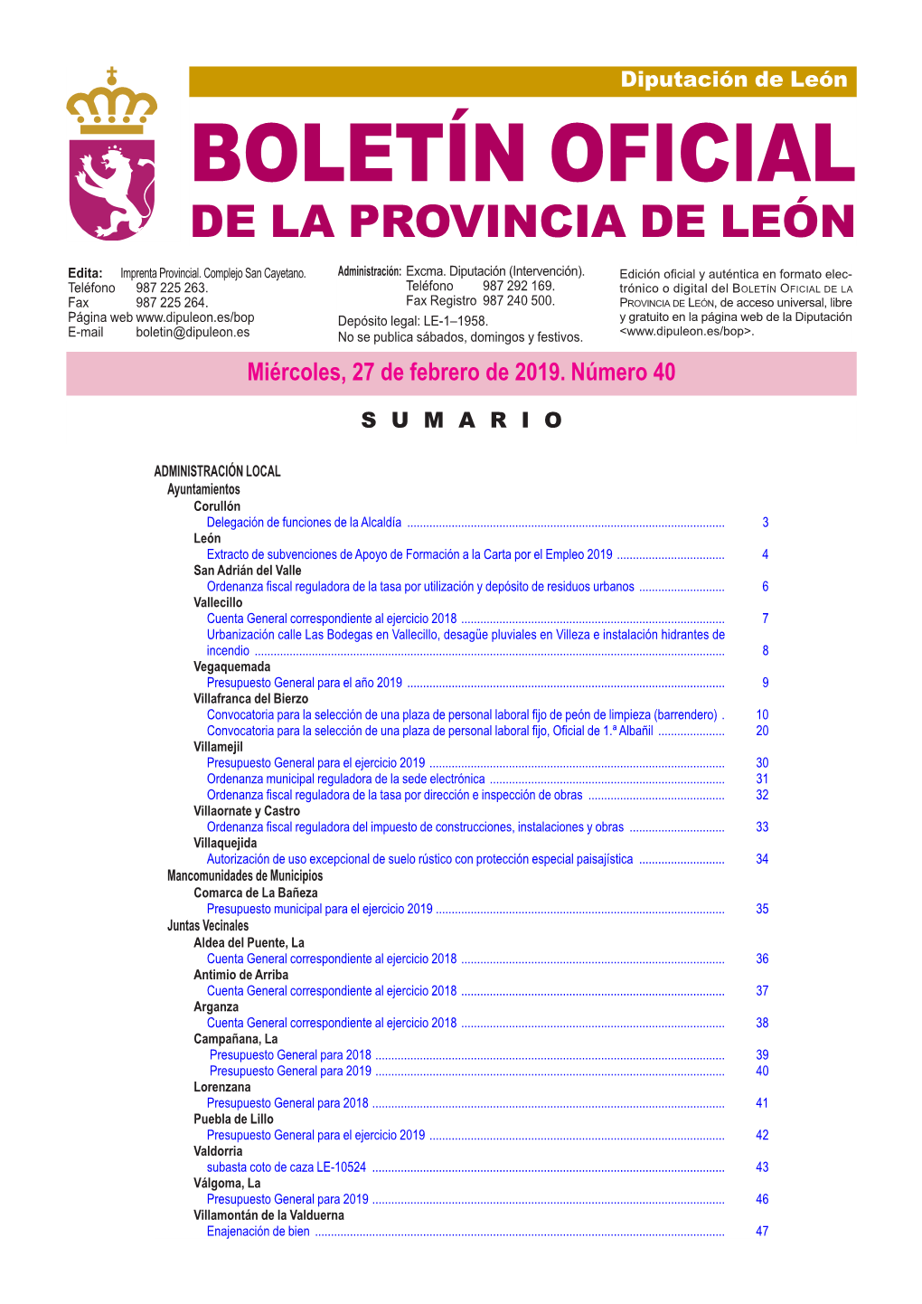 BOLETÍN OFICIAL DE LA PROVINCIA DE LEÓN Edita: Imprenta Provincial