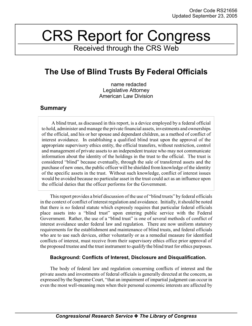 The Use of Blind Trusts by Federal Officials