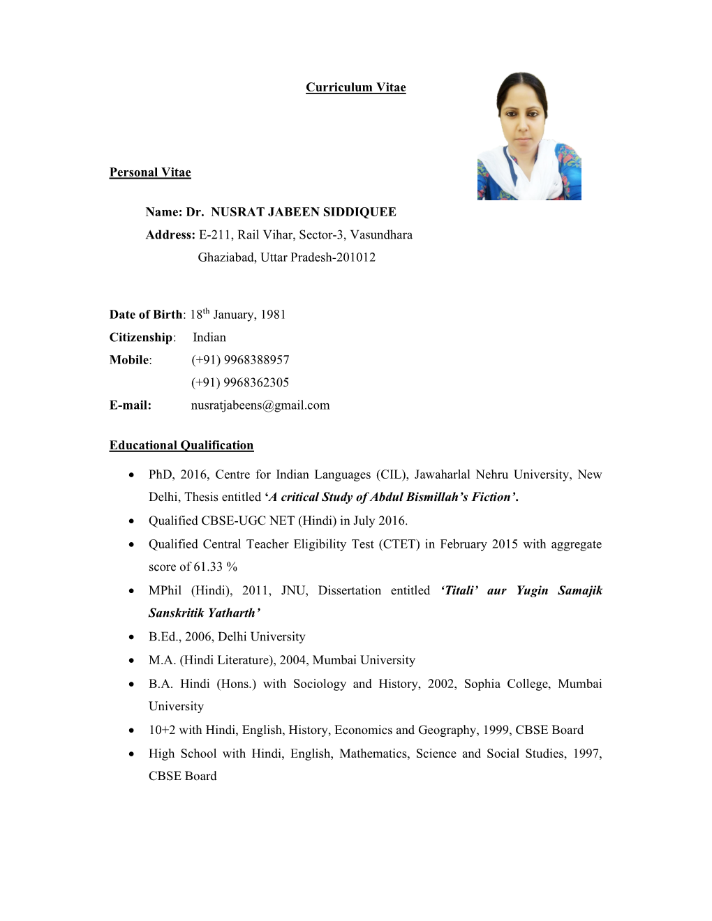 Curriculum Vitae Personal Vitae Name