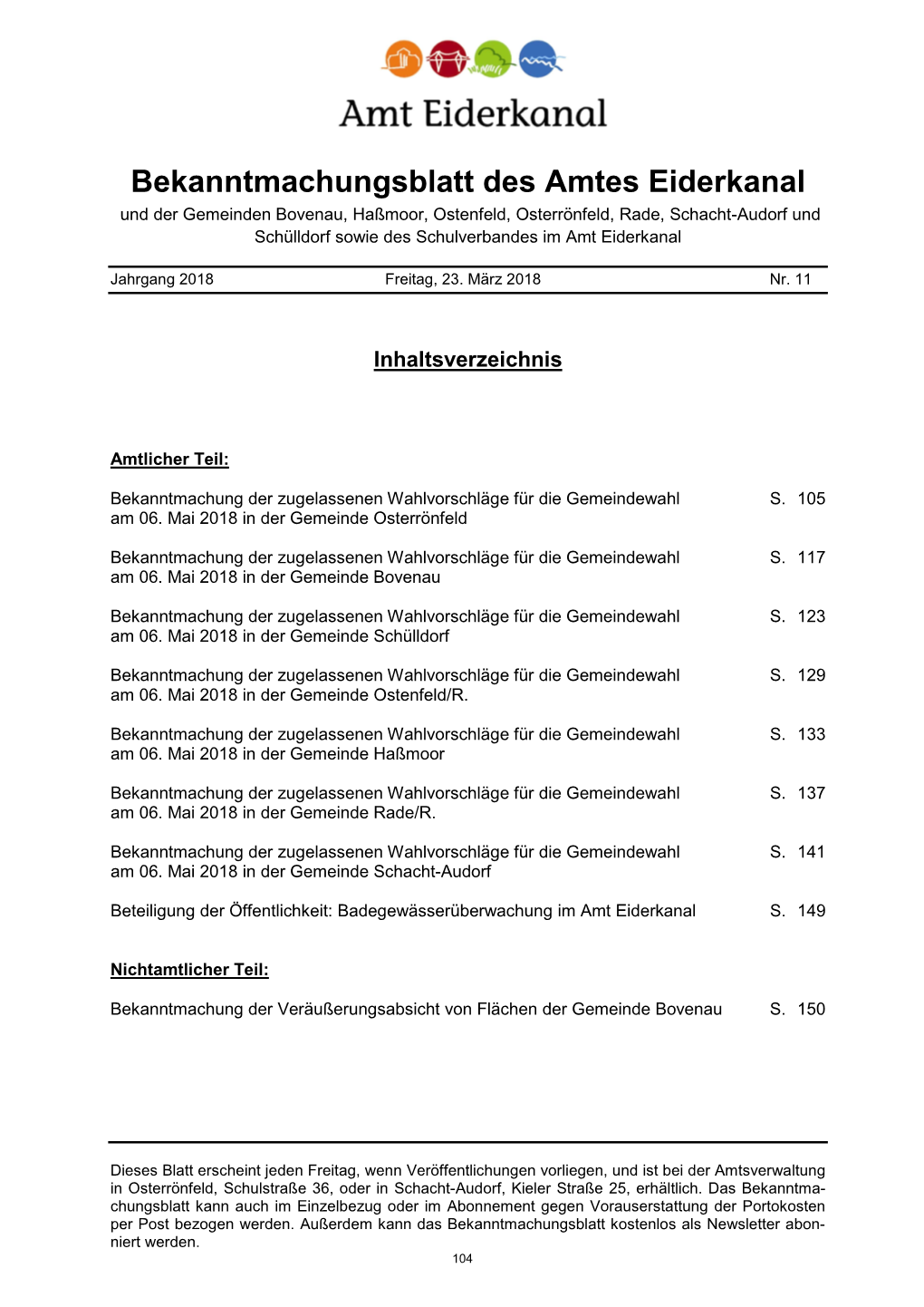 Bekanntmachungsblatt Des Amtes Eiderkanal