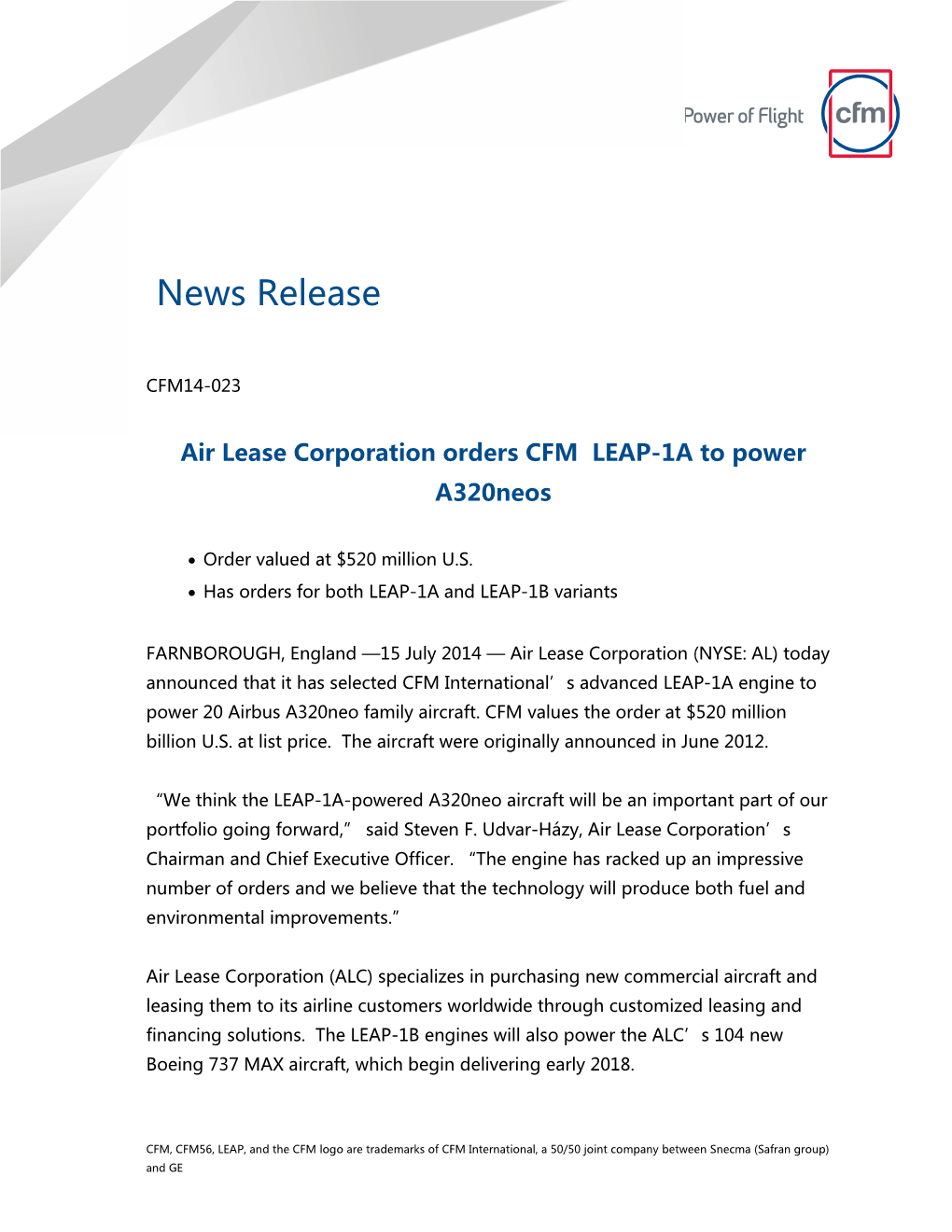 Air Lease Corporation Orders CFM LEAP-1A to Power A320neos