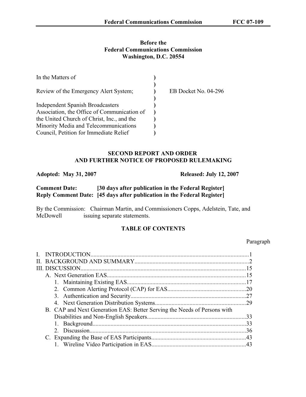 Federal Communications Commission FCC 07-109