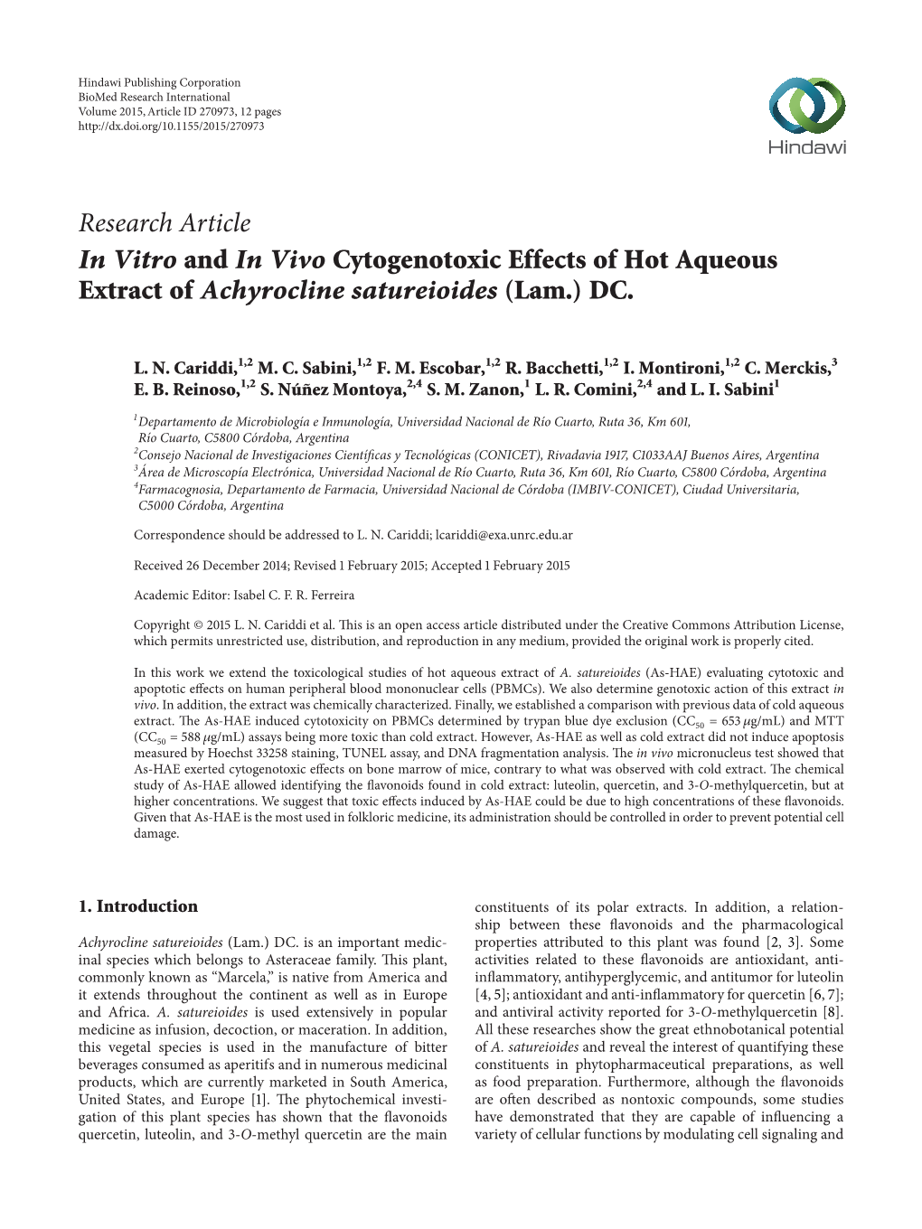 In Vitro and in Vivo Cytogenotoxic Effects of Hot Aqueous Extract of Achyrocline Satureioides (Lam.) DC