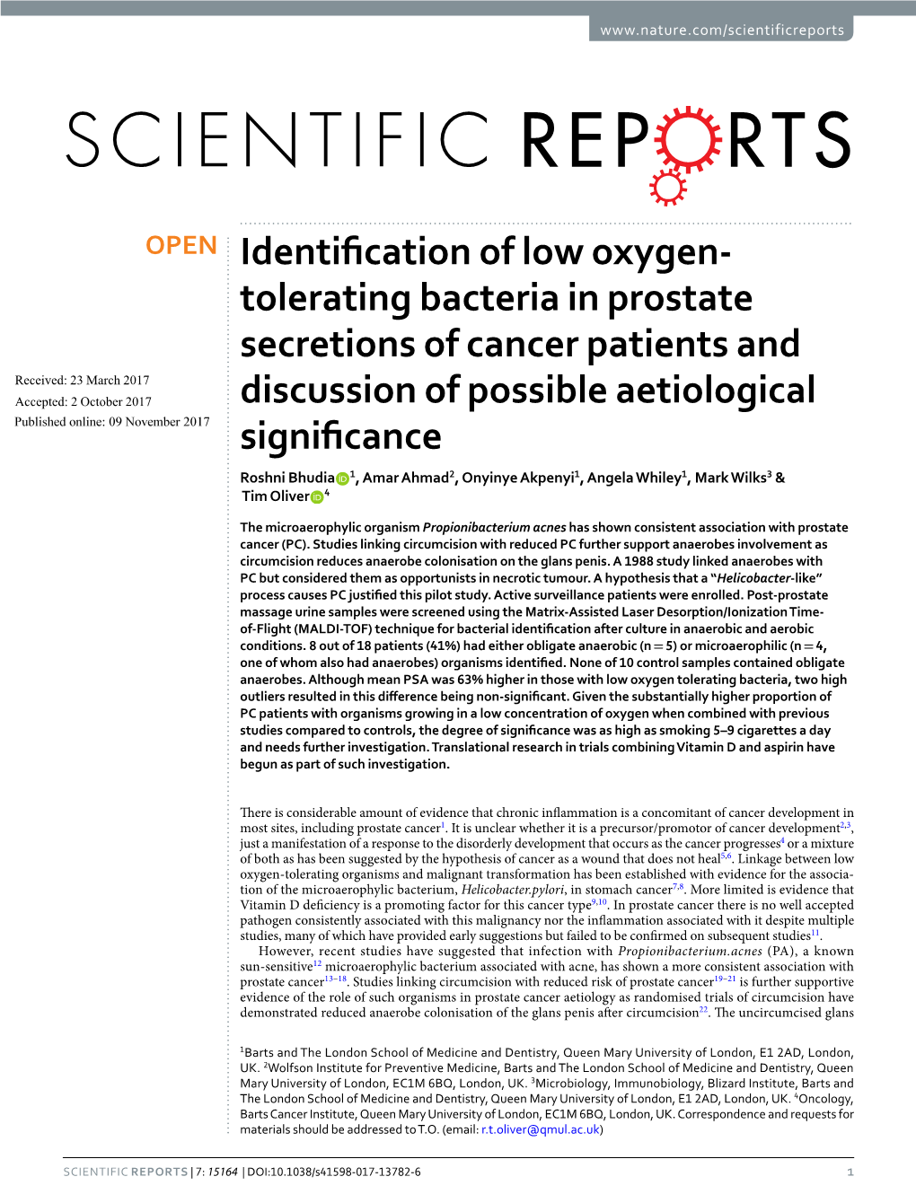 Identification of Low Oxygen-Tolerating Bacteria in Prostate