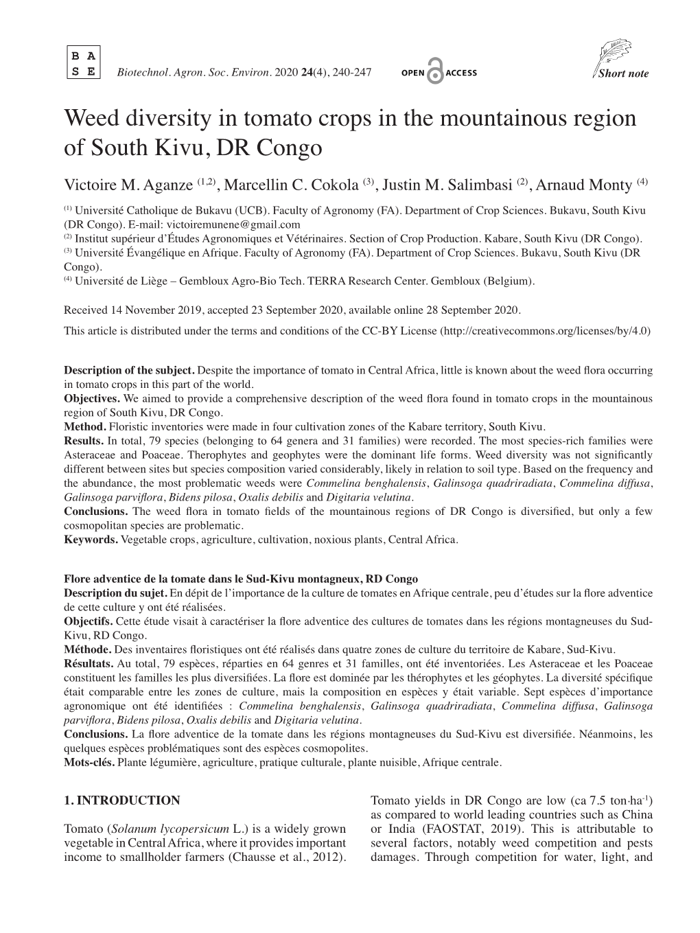 Weed Diversity in Tomato Crops in the Mountainous Region of South Kivu, DR Congo Victoire M