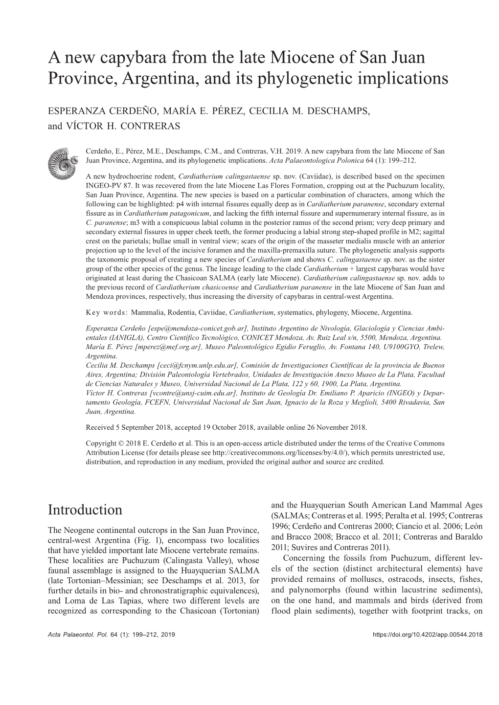 A New Capybara from the Late Miocene of San Juan Province, Argentina, and Its Phylogenetic Implications